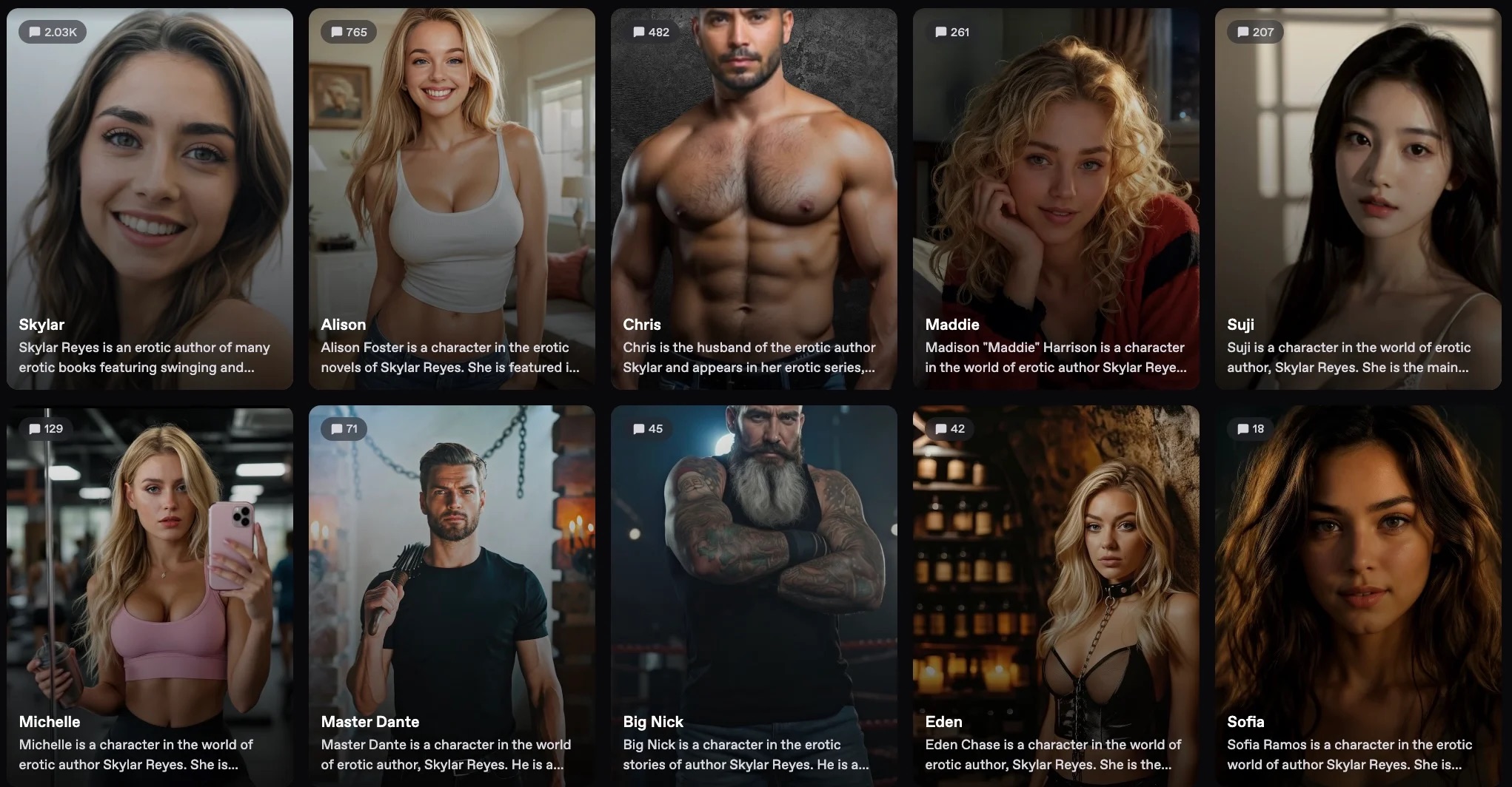 Characters available to chat with on Trynectar.ai — includes Skylar, Chris, Eden, Big Nick, and more